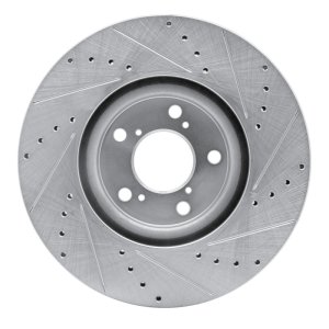 Acura MDX Brake Rotor (1) - Front Left - R1 Concepts - Drilled & Slotted - Silver - `07-`20